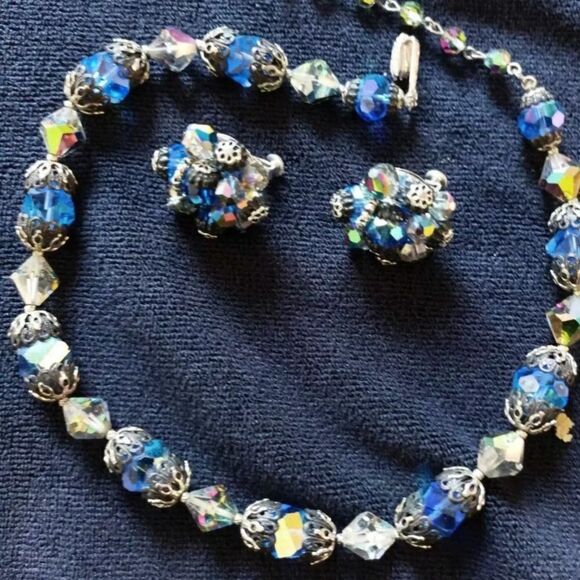 vendome Jewelry - Vintage Vendome Blue and Clear Aurora Borealis Crystal Necklace & Earrings